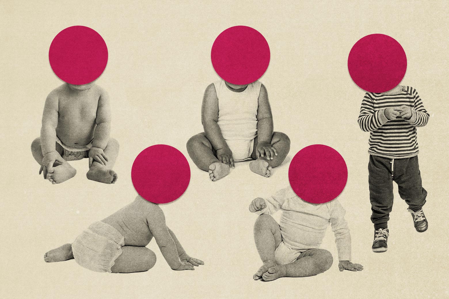 A photo illustration of several different babies with each of their faces covered with a single red dot
