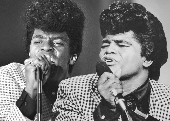Chadwick Boseman in Get on Up, left, and James Brown performing at the TAMI Show on December 29, 1964 in Santa Monica, California. 