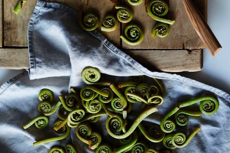 A pile of green, vegetables that begin with a straight stalk and curl into a tight, coiled spiral at one end.