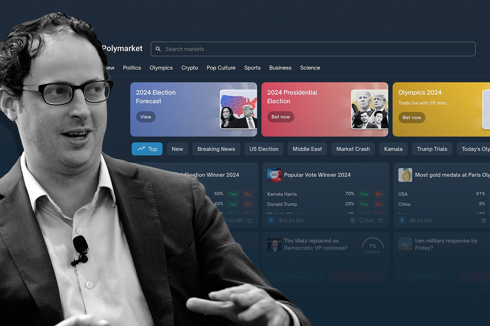 Nate Silver stands in front of some bright Polymarket graphs and charts.