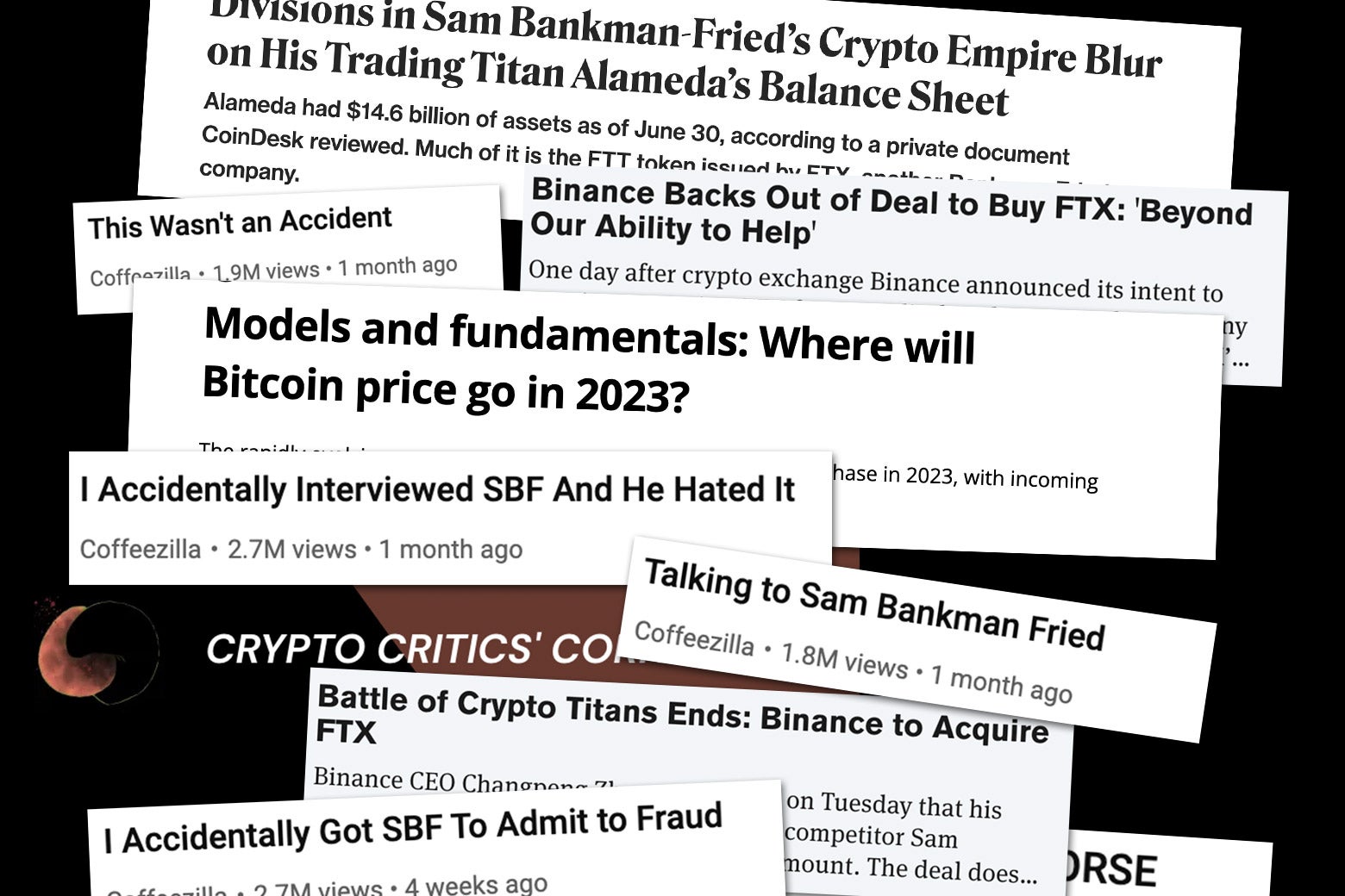 A collage of crypto-related media headlines.