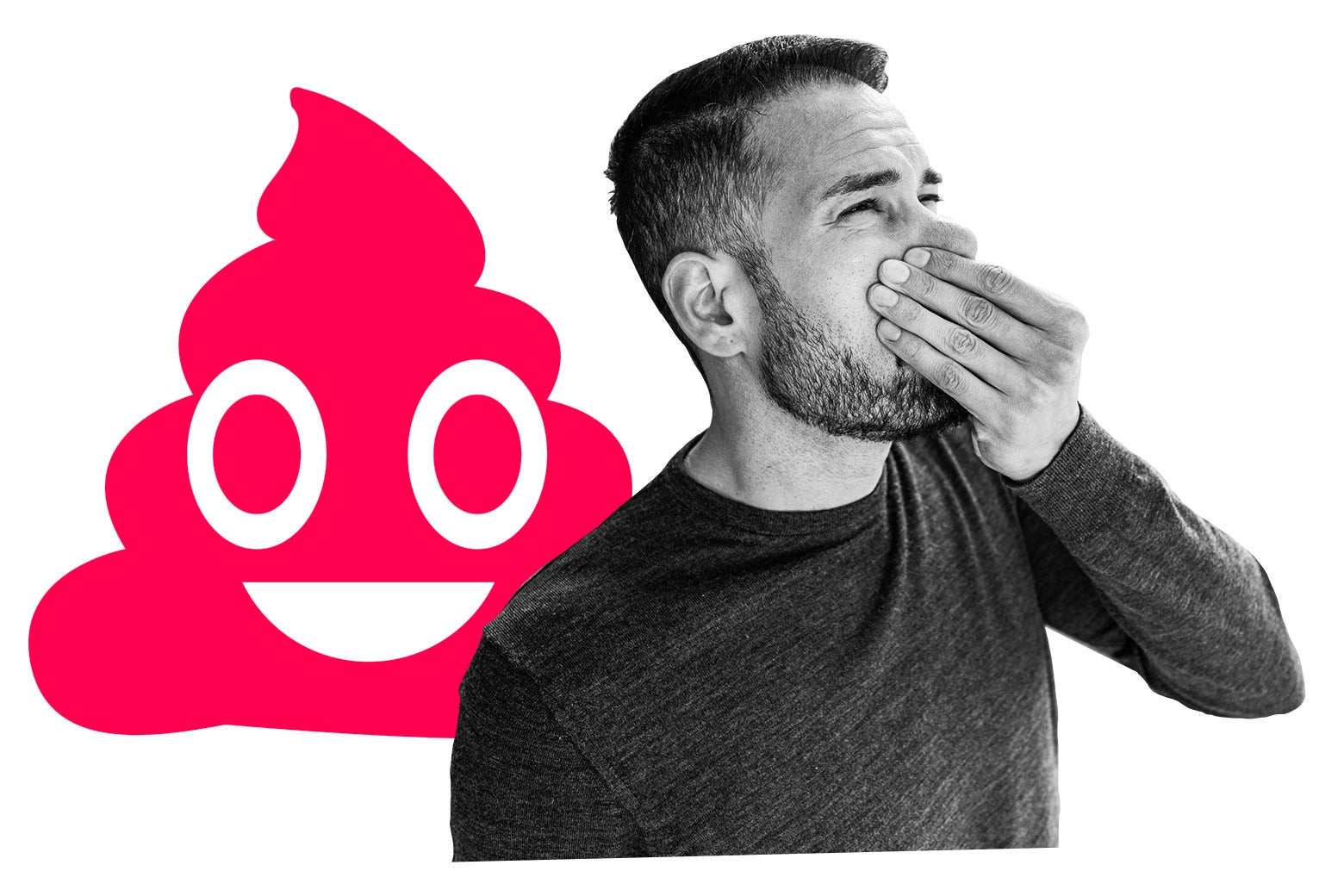 A man holds his nose next to a poop emoji.