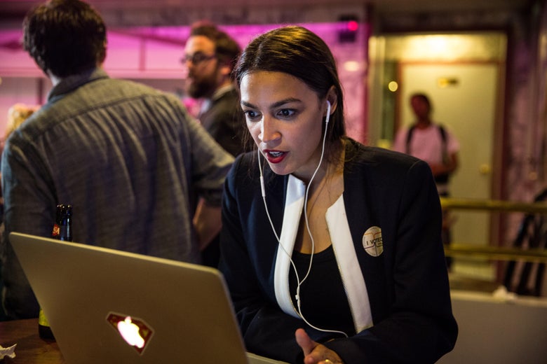 Alexandria Ocasio-Cortez celebrates  at her victory party in the Bronx.