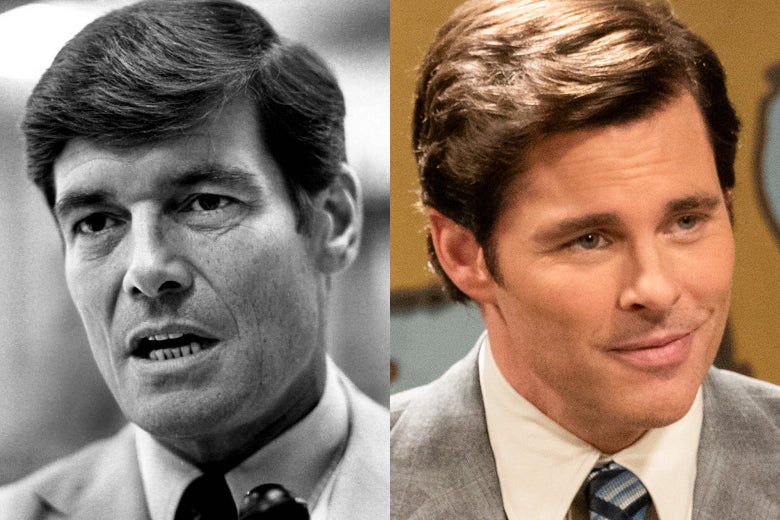 Side-by-side photos of Phil Crane and James Marsden as Crane