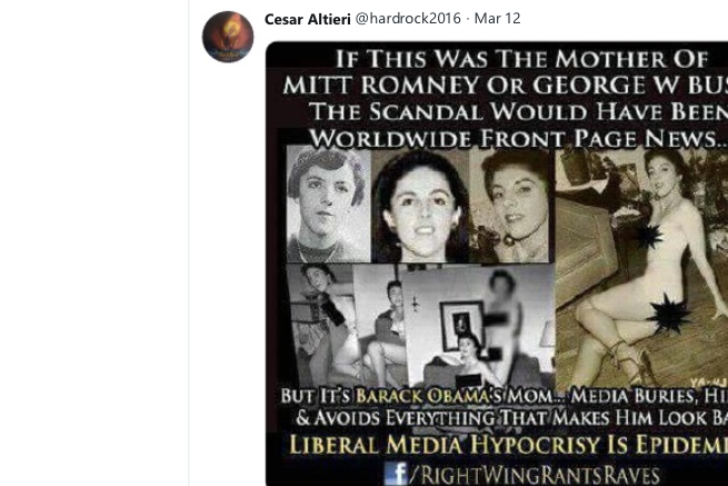 One of the right-wing memes, featuring what he purports are scantily clad photos of Obama's mother.