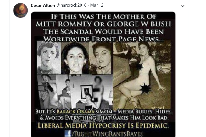 One of the right-wing memes, featuring what he purports are scantily clad photos of Obama's mother.