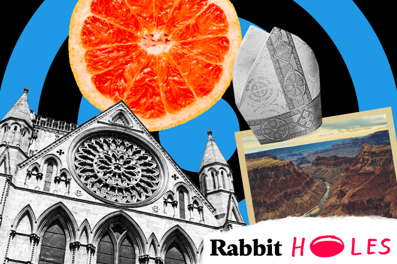 Photo illustration of a church, bishop's hat, grapefruit, and the Grand Canyon.