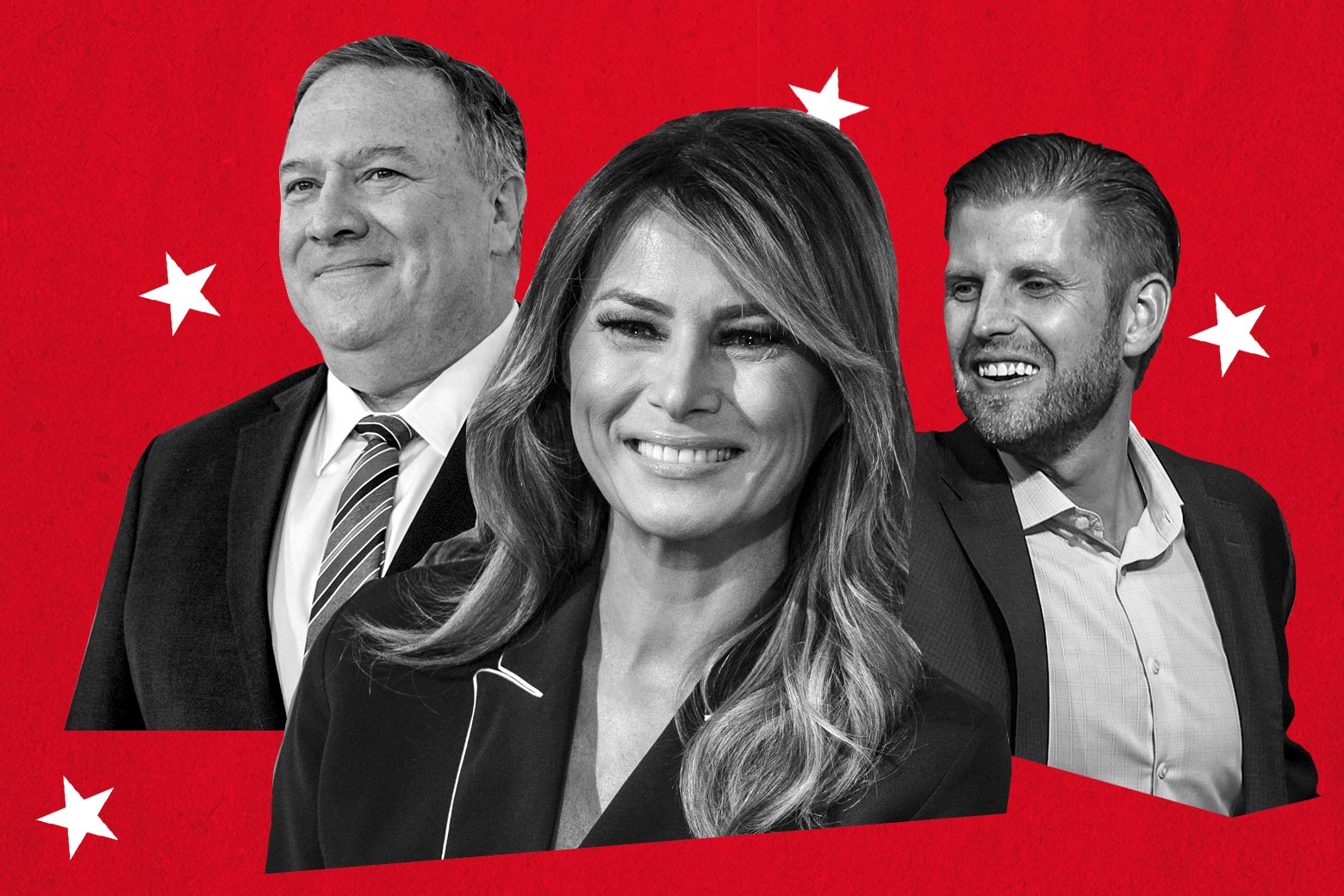 Mike Pompeo, Melania Trump, and Eric Trump seen on a red background surrounded by white stars.