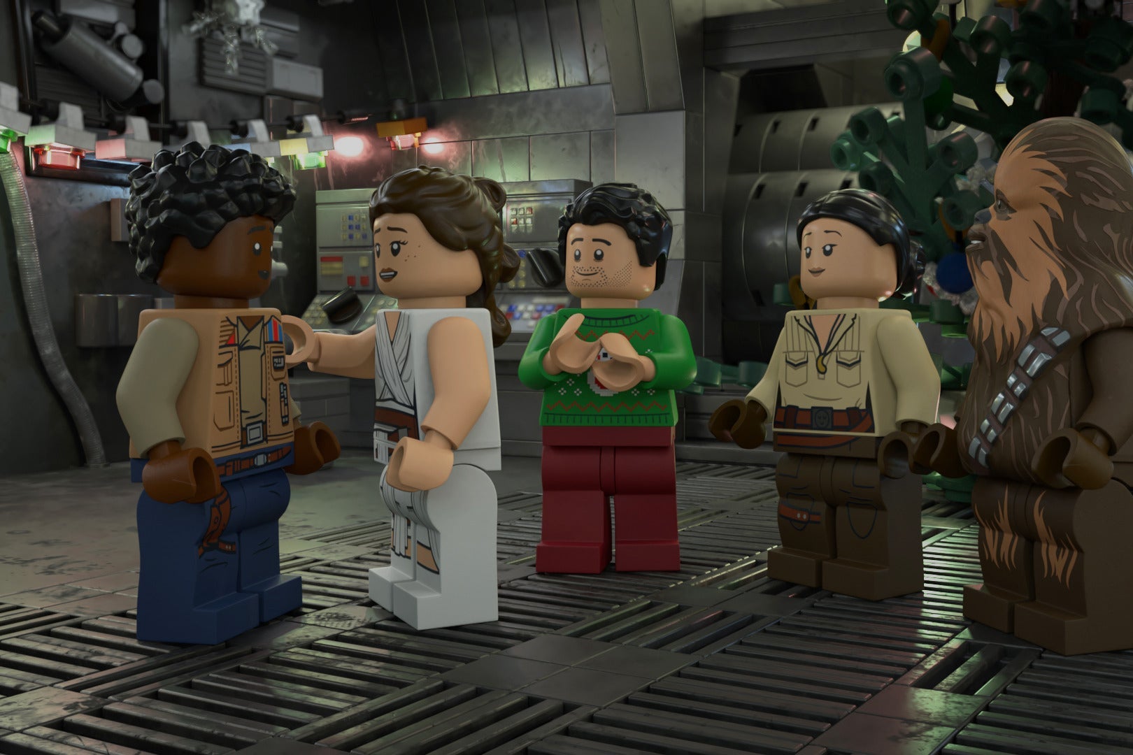 Finn, Rey, Poe, Rose, and Chewie, in Lego form.