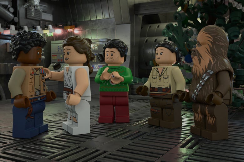 Finn, Rey, Poe, Rose, and Chewie, in Lego form.