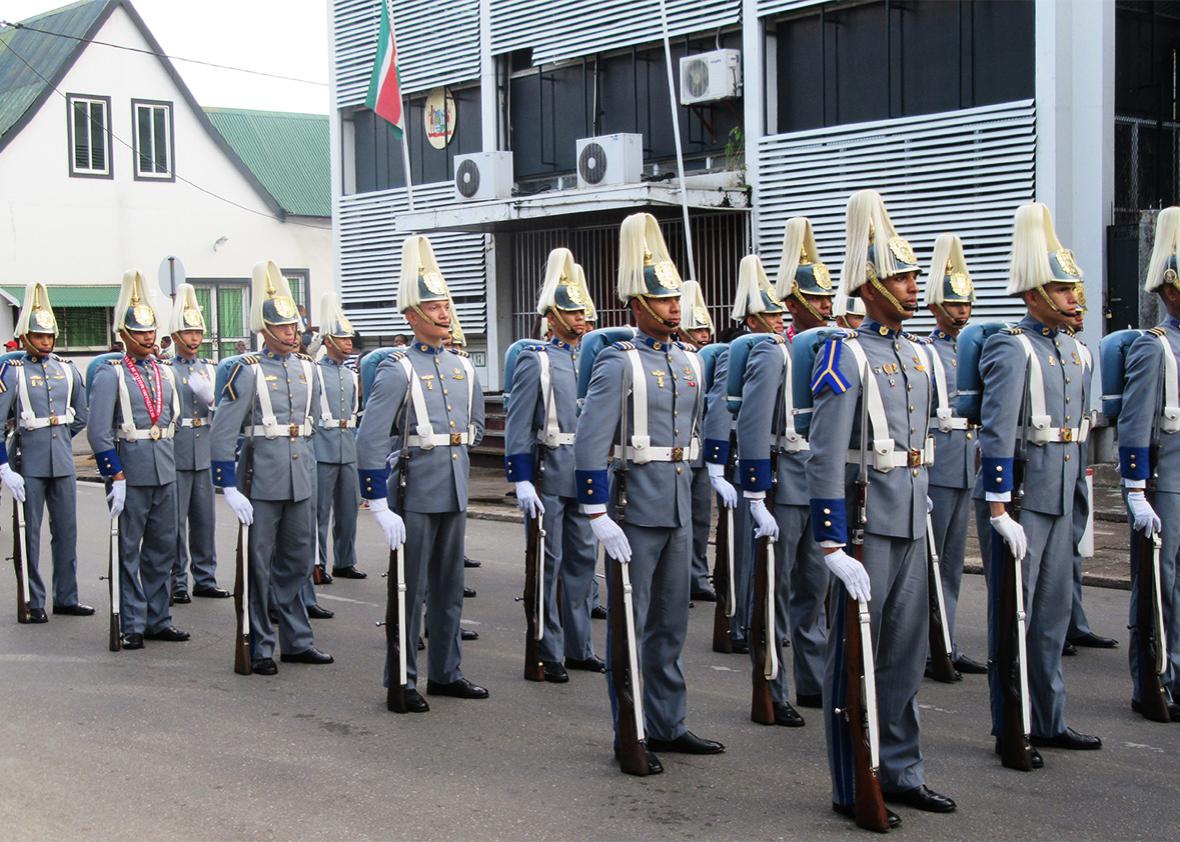 A unit of Venezuelan troops prepares to march in the Independence Day parade.