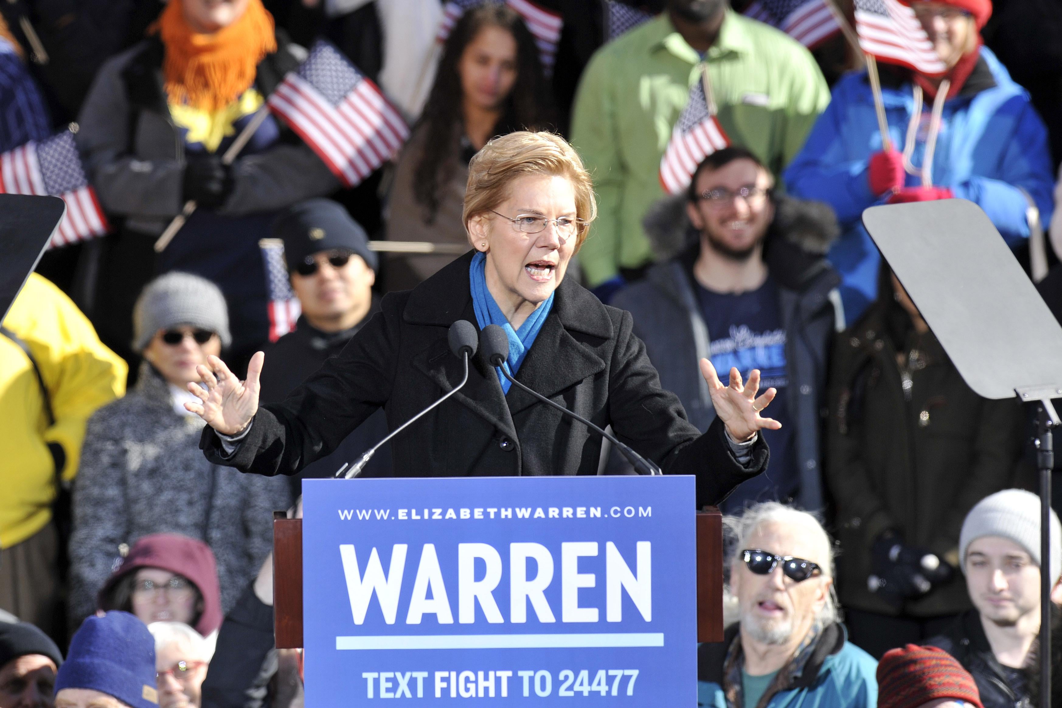 Senator Elizabeth Warren speaks during her presidential candidacy announcement event at the Everett Mills in Lawrence, MA on February 9, 2019. 