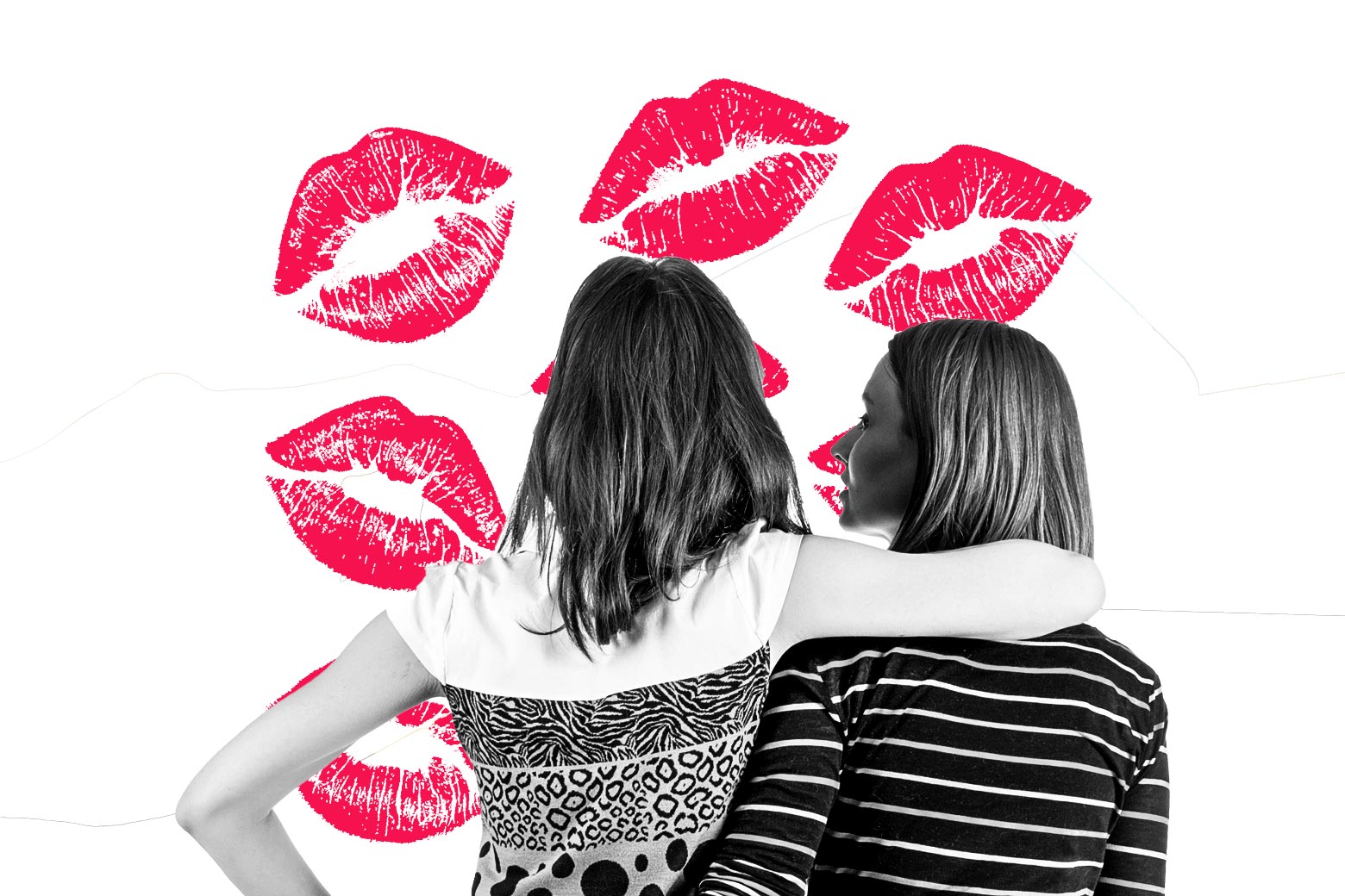 One person puts their arm around the other in front of a background of illustrated kisses.