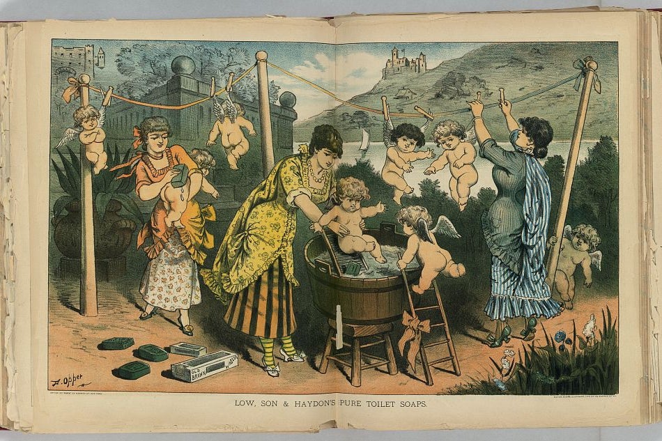 An old ad has 1800s women bathing cherubs in a washtub and hanging them on the line to dry.