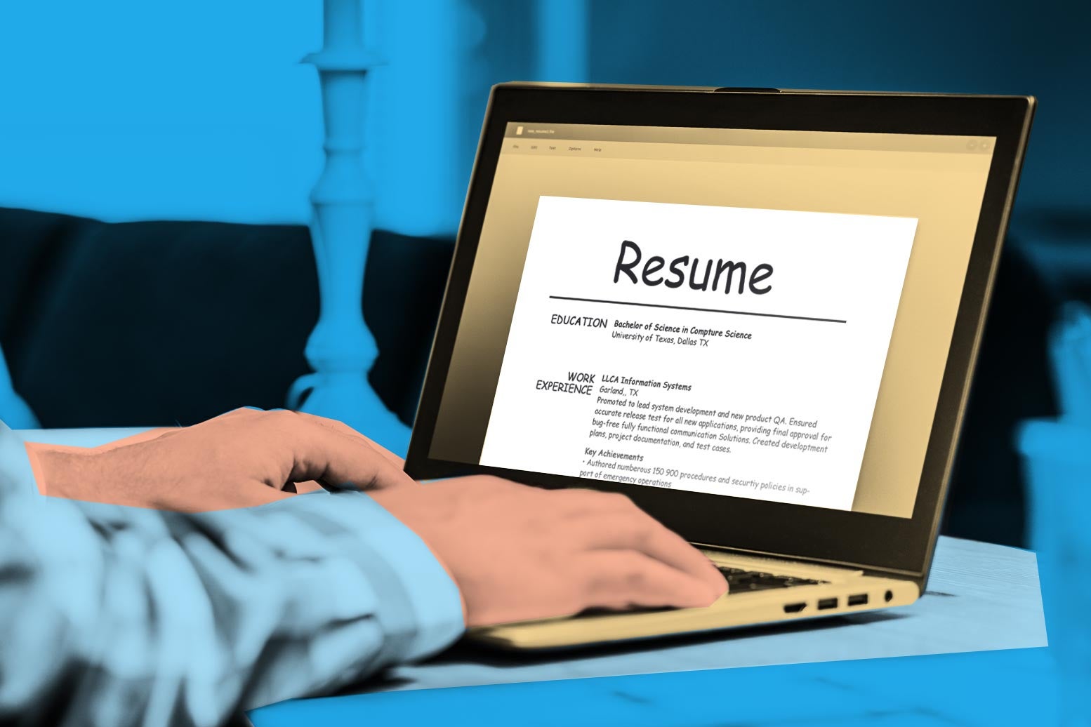 Photo illustration of a person on a computer typing a résumé in the Comic Sans font