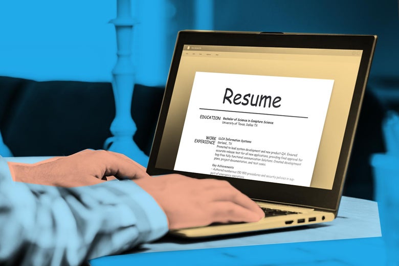 Photo illustration of a person on a computer typing a résumé in the Comic Sans font