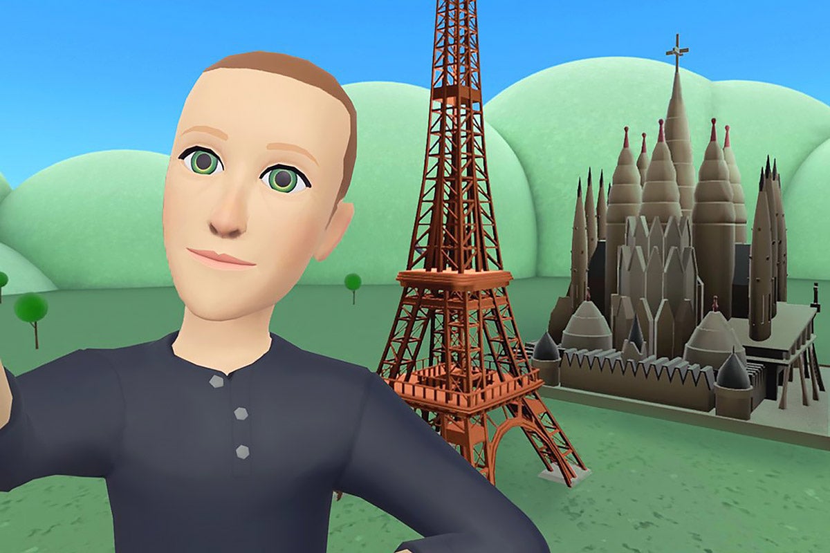 Mark Zuckerberg's Horizon Worlds avatar takes a selfie in front of metaverse replications of the Eiffel Tower and the Sagrada Familia.