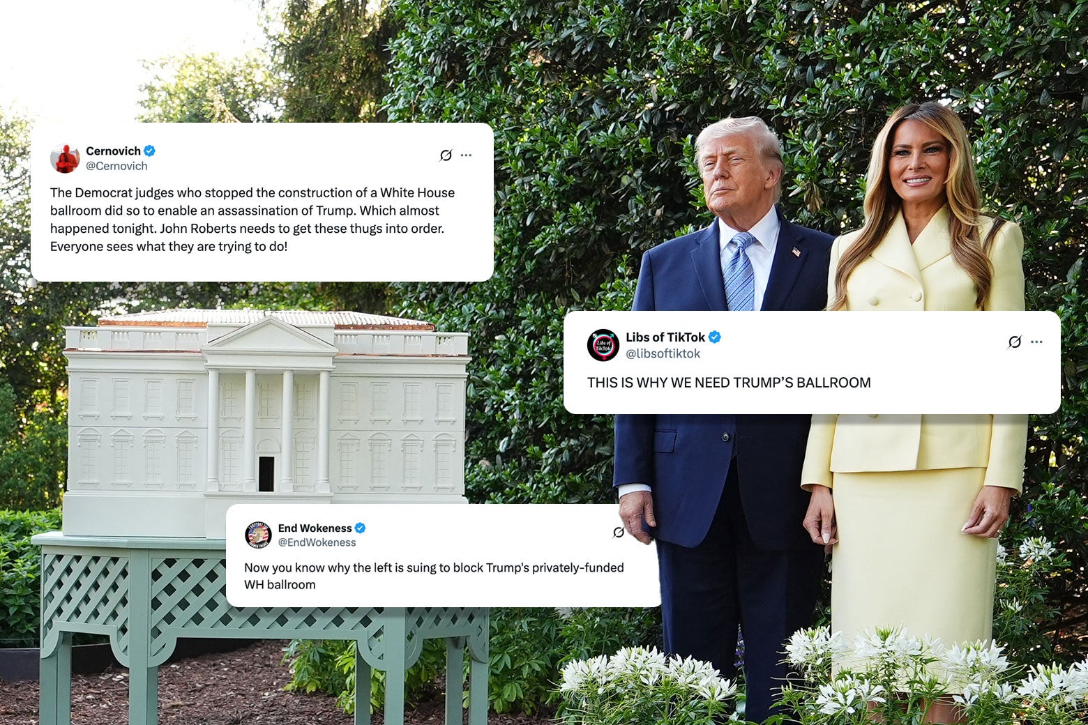 Composites of text messages over Donald and Melania Trump staring at a ballroom model. 