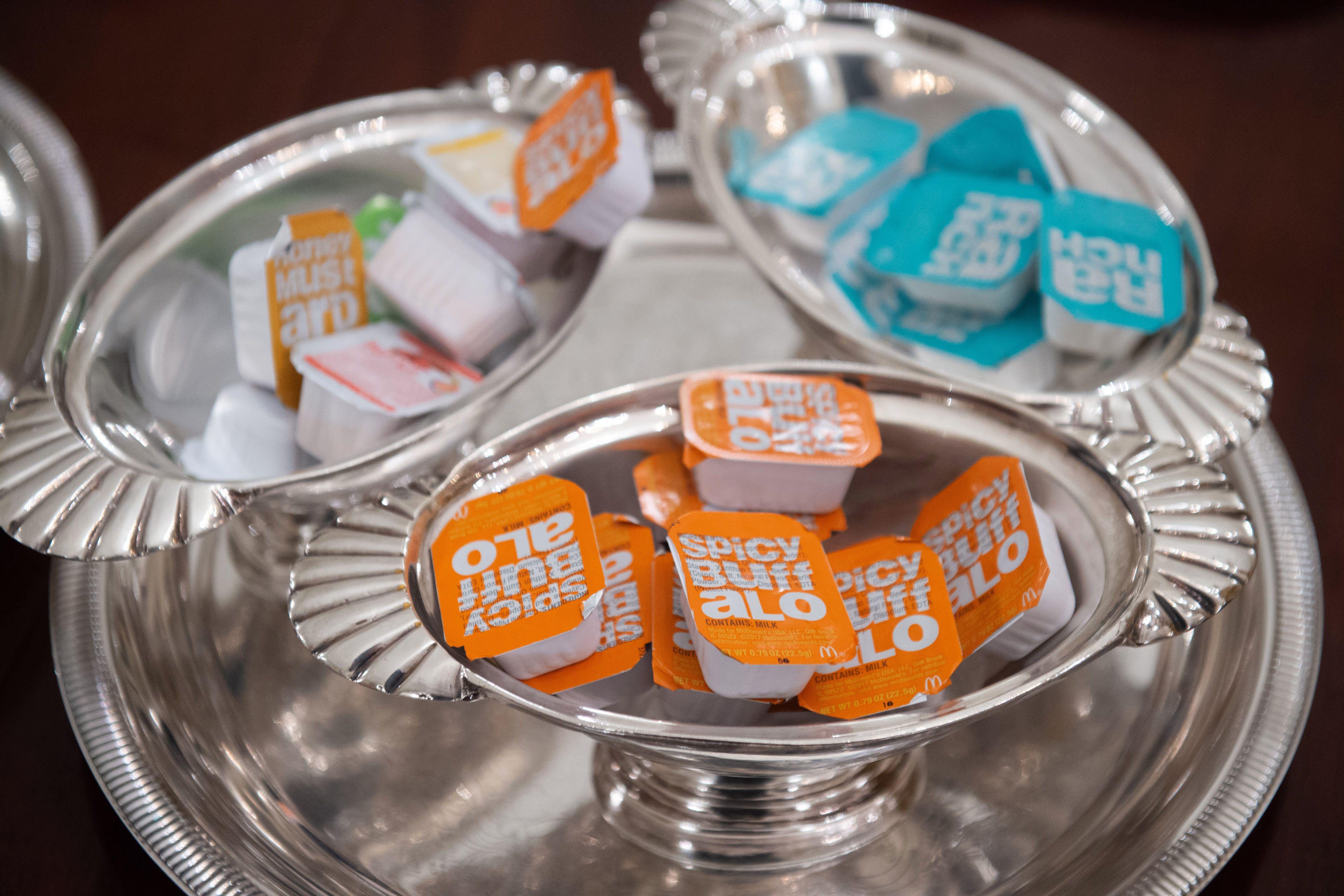 McNugget Sauces in silver gravy boats.