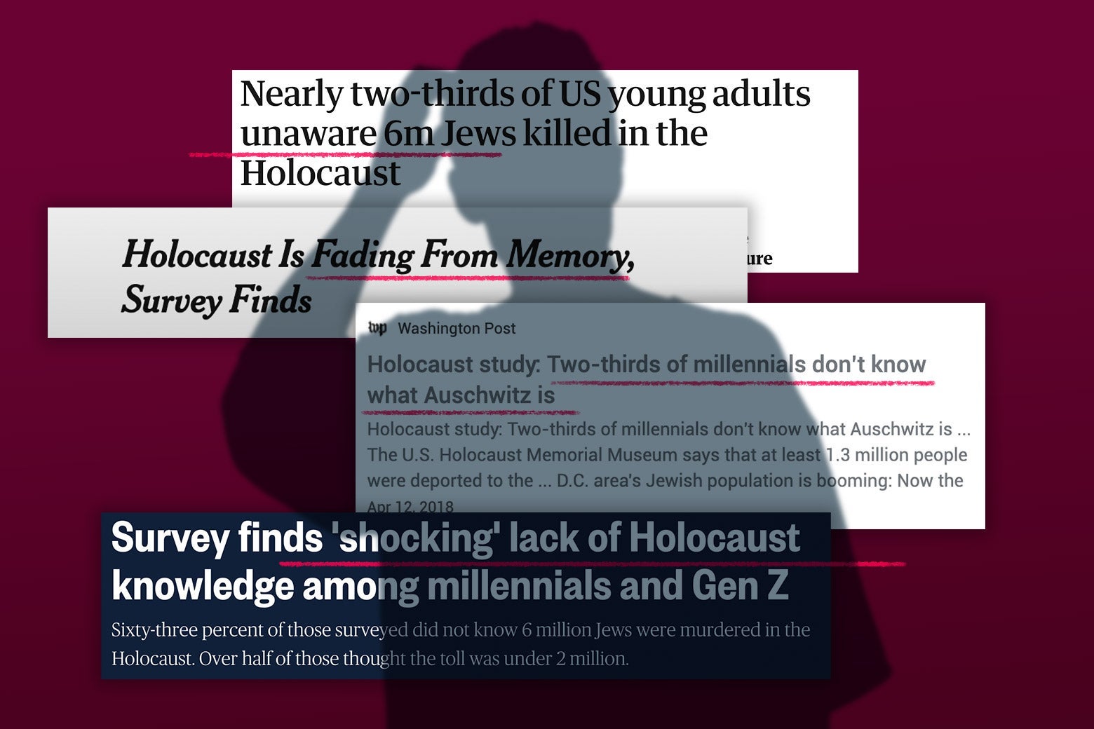 A shadow of a person scratching their head is cast over headlines about Holocaust knowledge statistics.