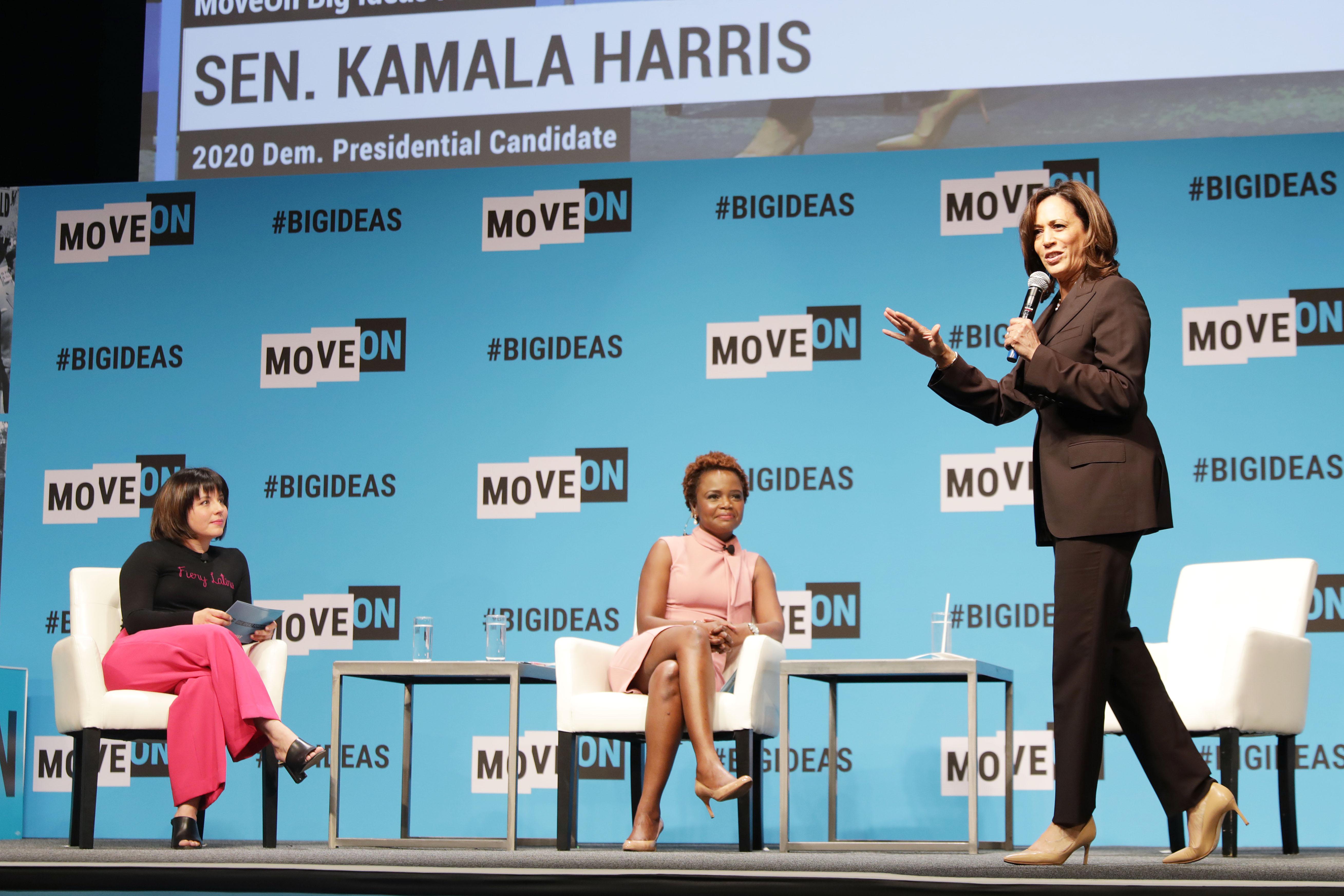 Stephanie Valencia, Karine Jean-Pierre and Kamala Harris speak onstage at the MoveOn Big Ideas Forum at The Warfield Theatre on June 1, 2019 in San Francisco, California. 
