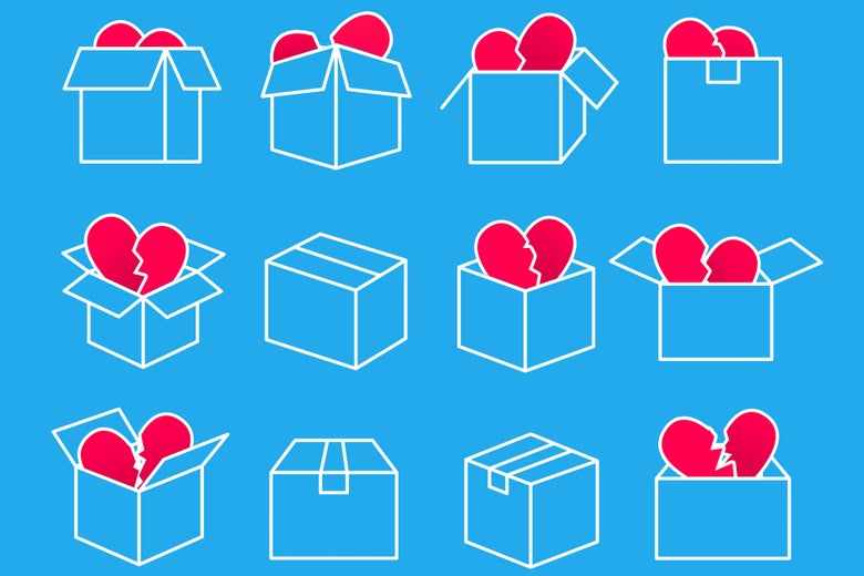 Photo illustrations of various moving boxes filled with broken hearts.