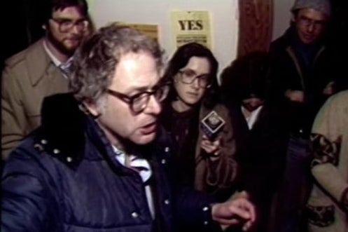 Screenshot of video of Bernie Sanders celebrating electoral victory in 1980.