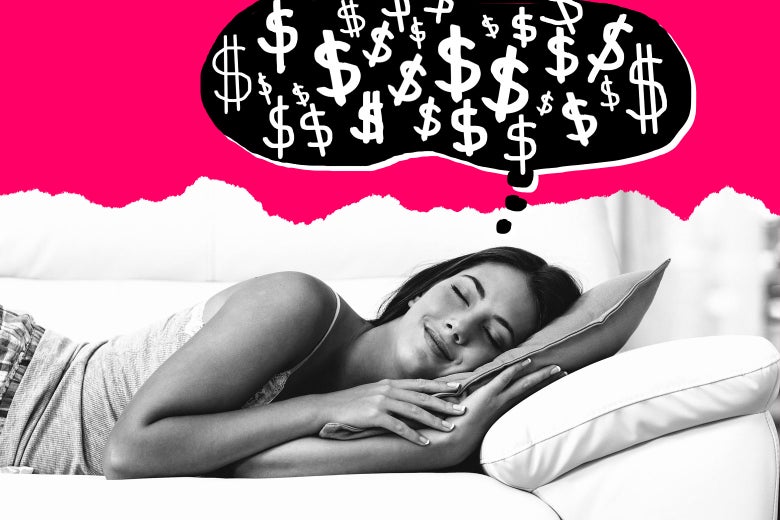 A woman sleeps happily—a thought bubble indicates she's dreaming about money.