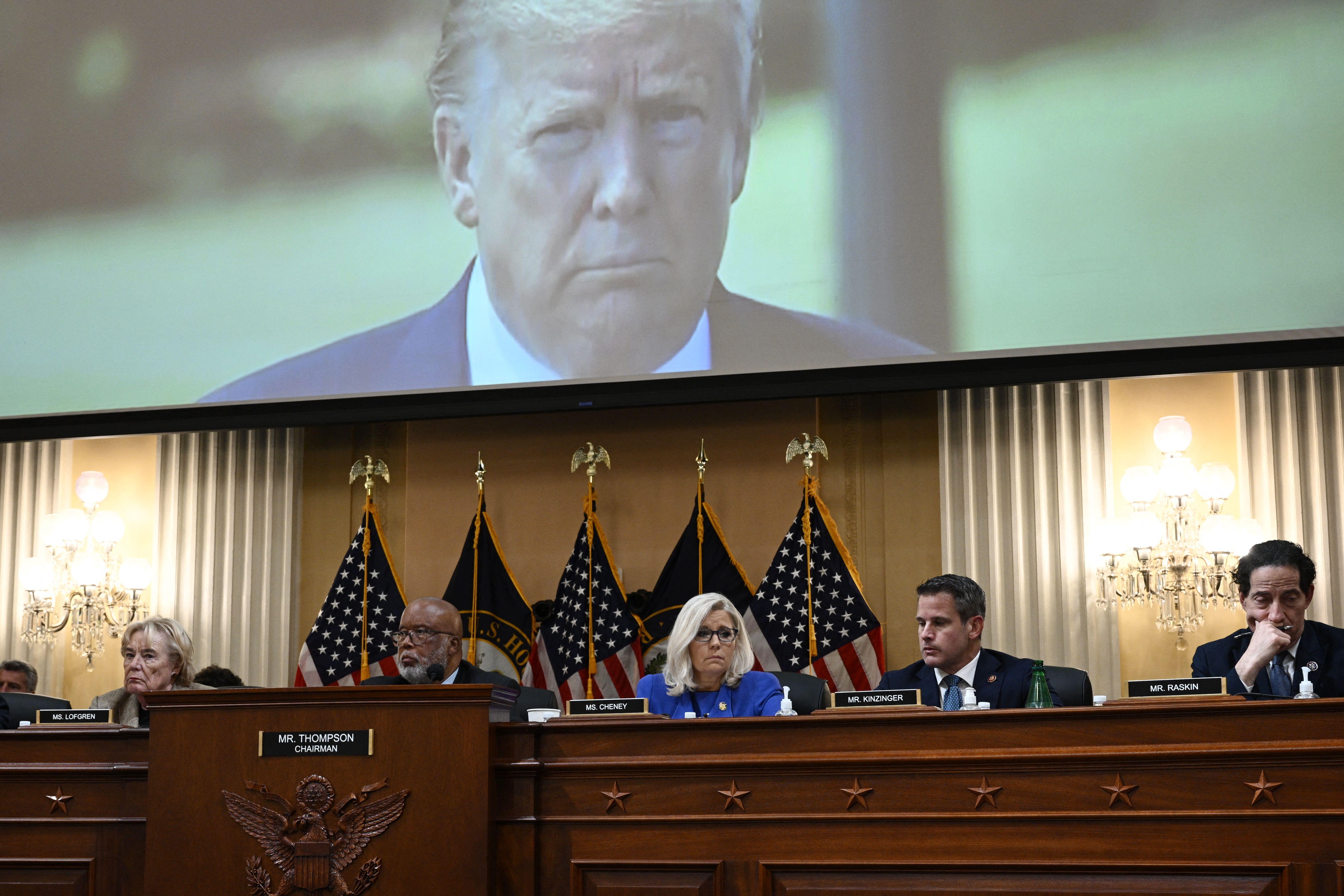 Former US President Donald Trump is seen on a screen during a House Select Committee hearing to Investigate the January 6th Attack on the US Capitol.