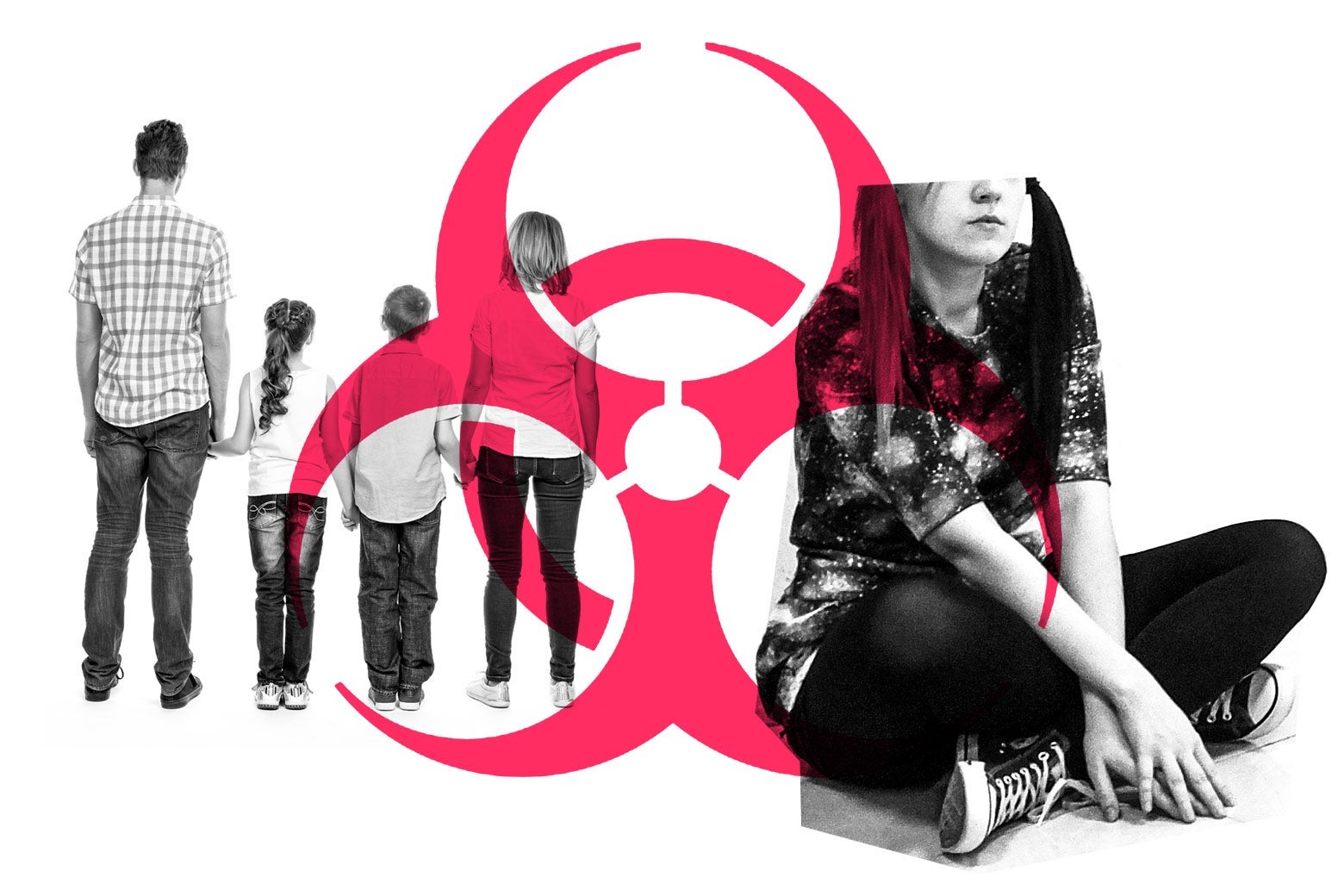 A teen sits apart from her family with a toxic symbol illustrated overtop.