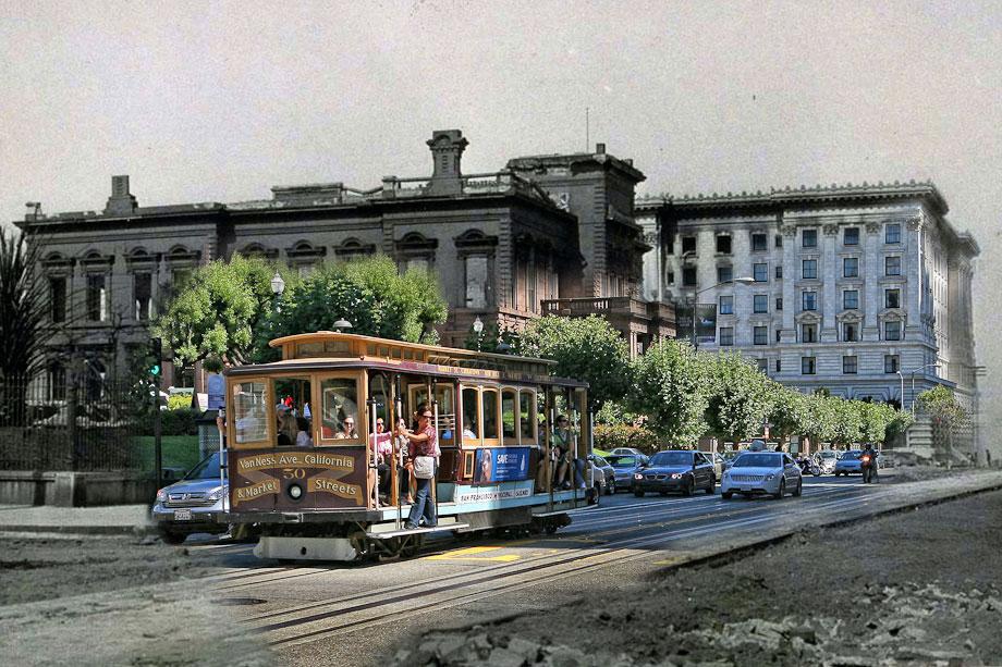 Shawn Clover's composite photographs blend scenes from the 1906 San Francisco earthquake and present day.