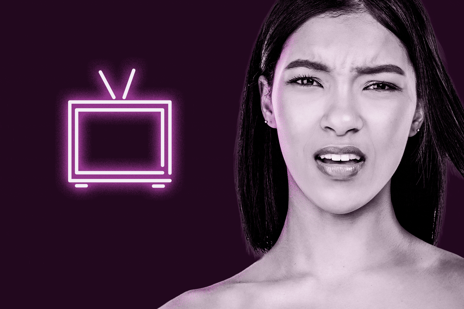 Woman looking annoyed, a graphic of a TV.