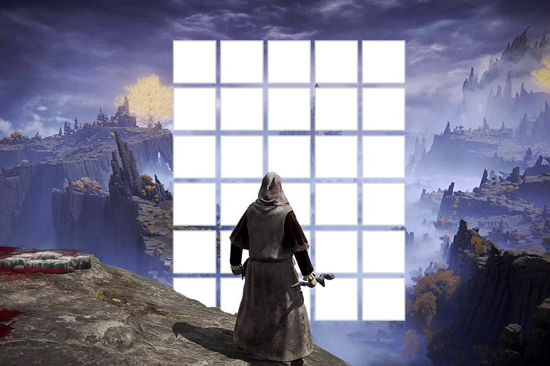 An Elden Ring character in a cloak stands on a mountaintop staring at a six-by-five grid in front of him