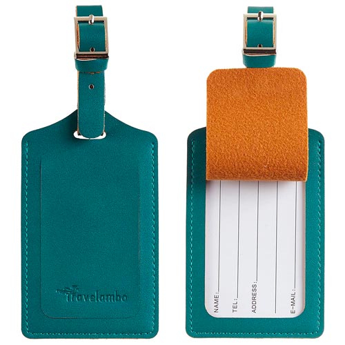 A teal leather luggage tag.