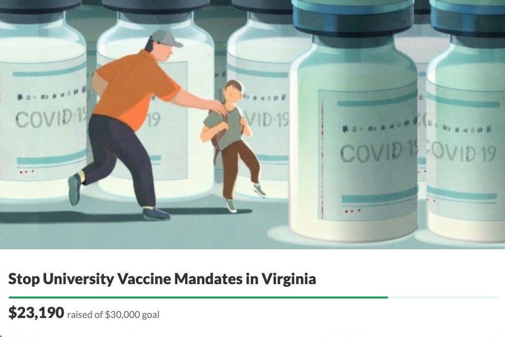 A screenshot of a GoFundMe fundraiser titled "Stop University Vaccine Mandates in Virginia."