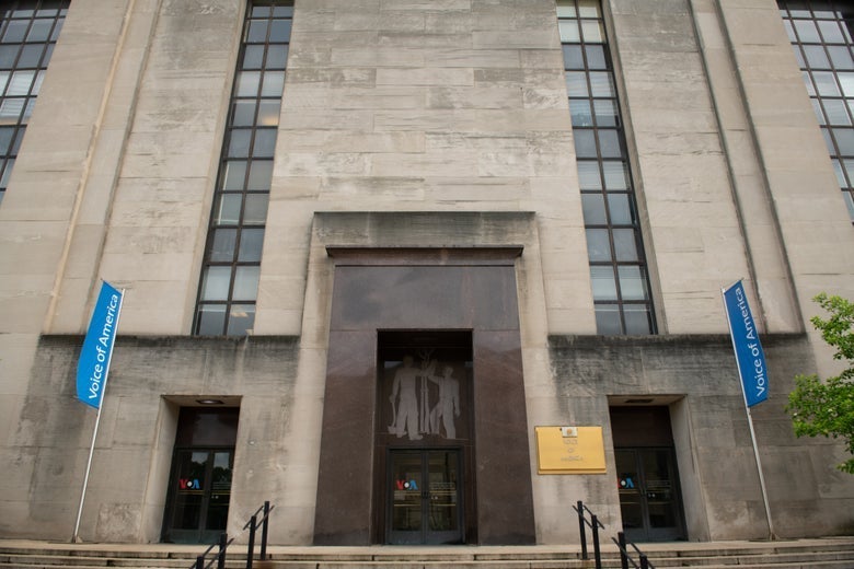 The entrance of the Voice of America headquarters.