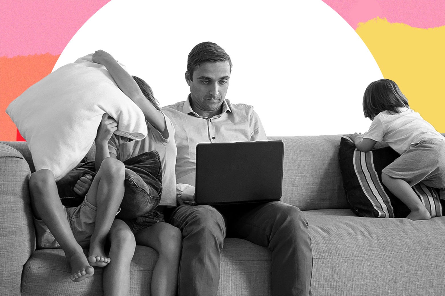 A man works on a laptop on the couch surrounded by kids.