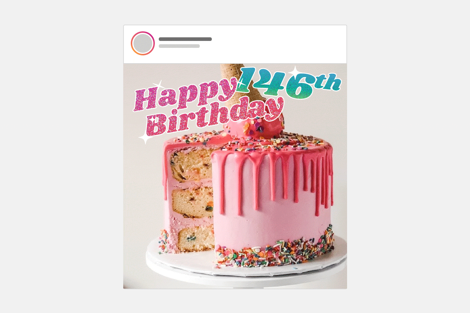 A birthday cake with sparkly words saying "Happy 146th Birthday!" in a fake Instagram post.