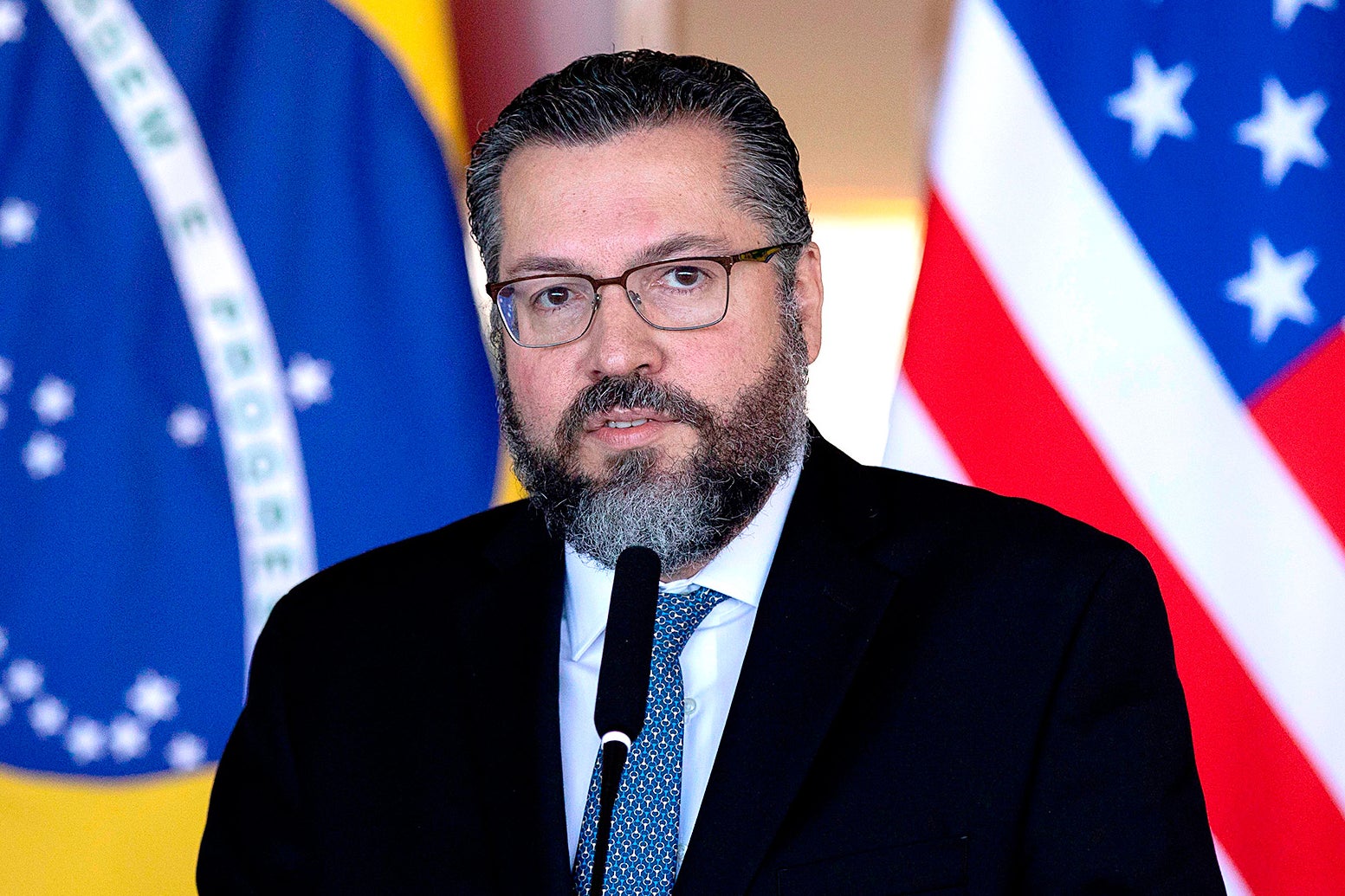 Brazil Foreign Minister Ernesto Araújo is pictured during a joint press conference at Itamaraty Palace.