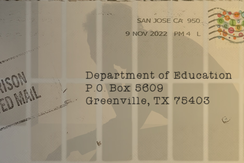 An image of an envelope addressed to the Dept. of Education with a silhouette of a person sitting with their arms holding their face pensively.
