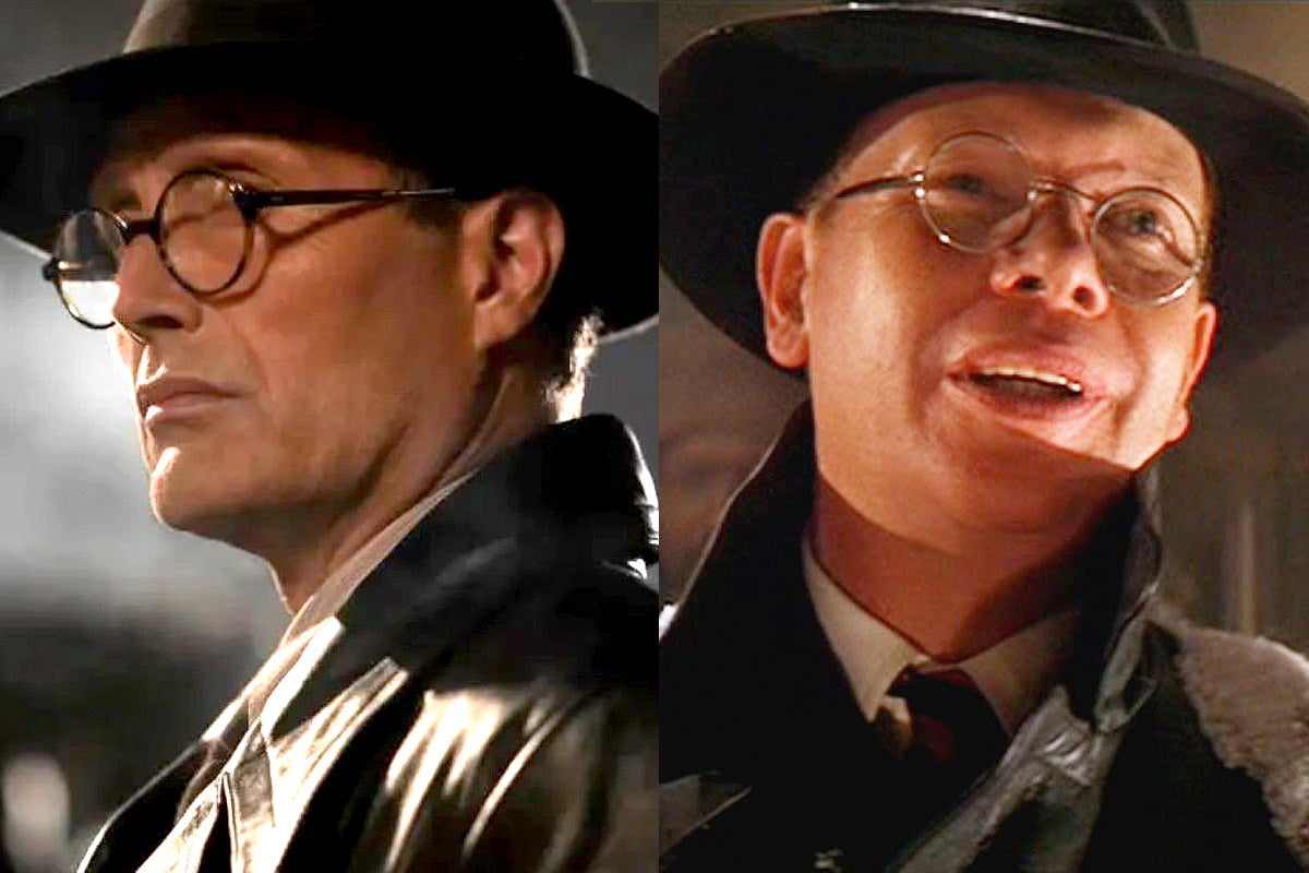 A side-by-side of Mads Mikkelsen in Dial of Destiny and Arnold Toht in Raiders of the Lost Ark. Both are dressed similarly, in round eyeglasses, a black hat, a black coat, and a shirt and tie.