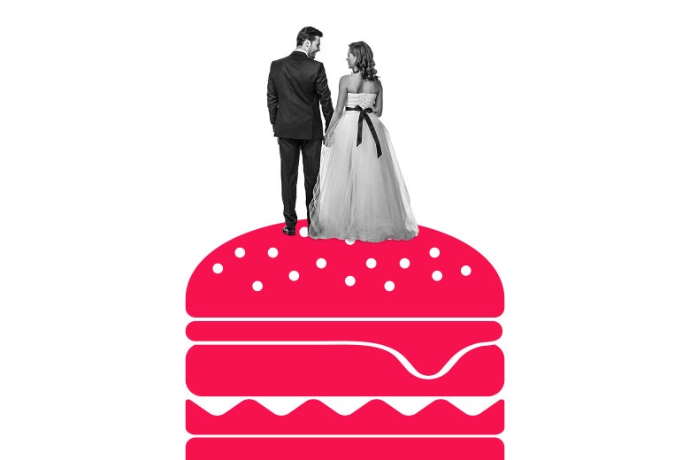 Bride and groom standing on top of a graphic of a giant hamburger.