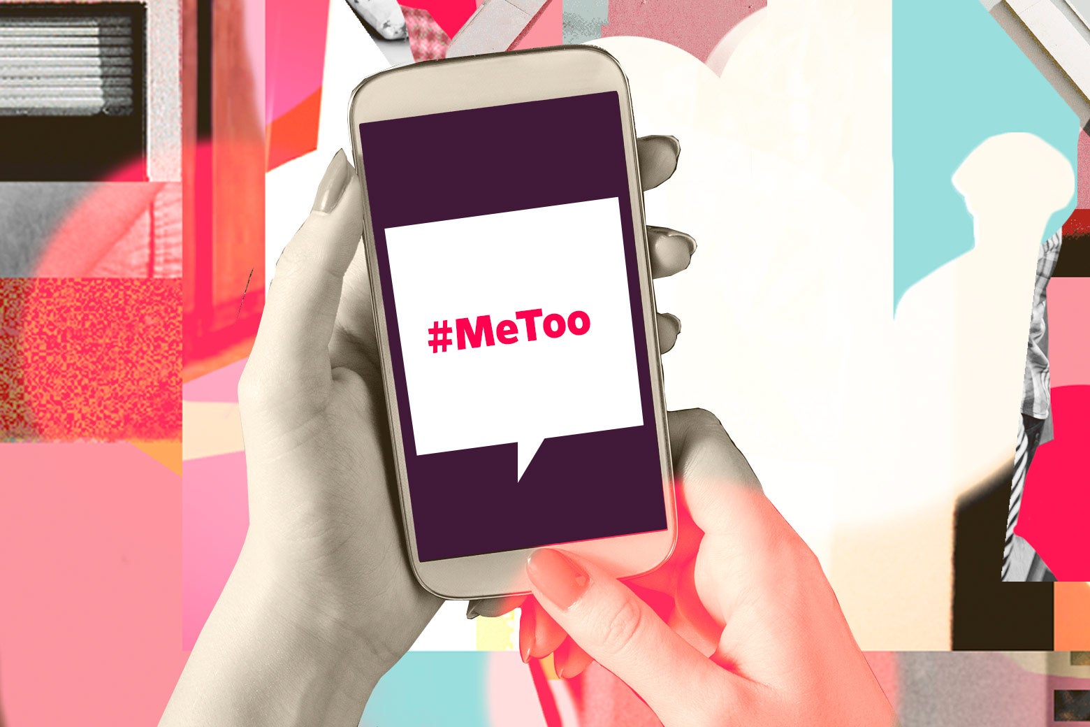 Collage of woman holding a smartphone with #metoo app.