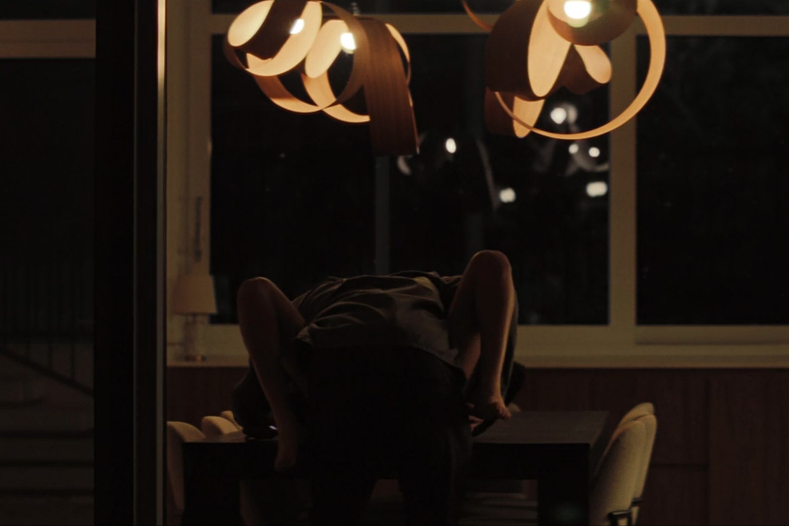 A man and a woman having sex on a dining room table.