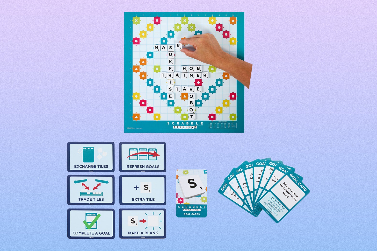 An illustration shows the new, more friendly-looking board, plus some of the "goal cards" and "helper cards." The "helper cards" have messages like "exchange tiles" and "make a blank" and "refresh goals."