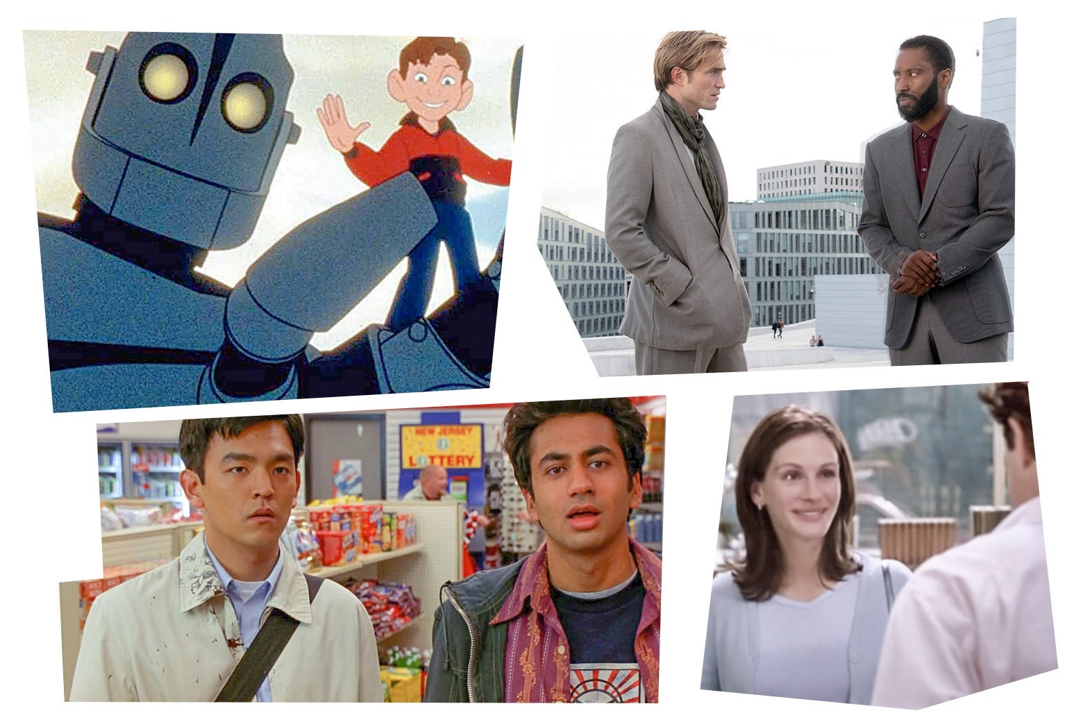 Stills from Harold and Kumar, The Iron Giant, Tenet, and Notting Hill.