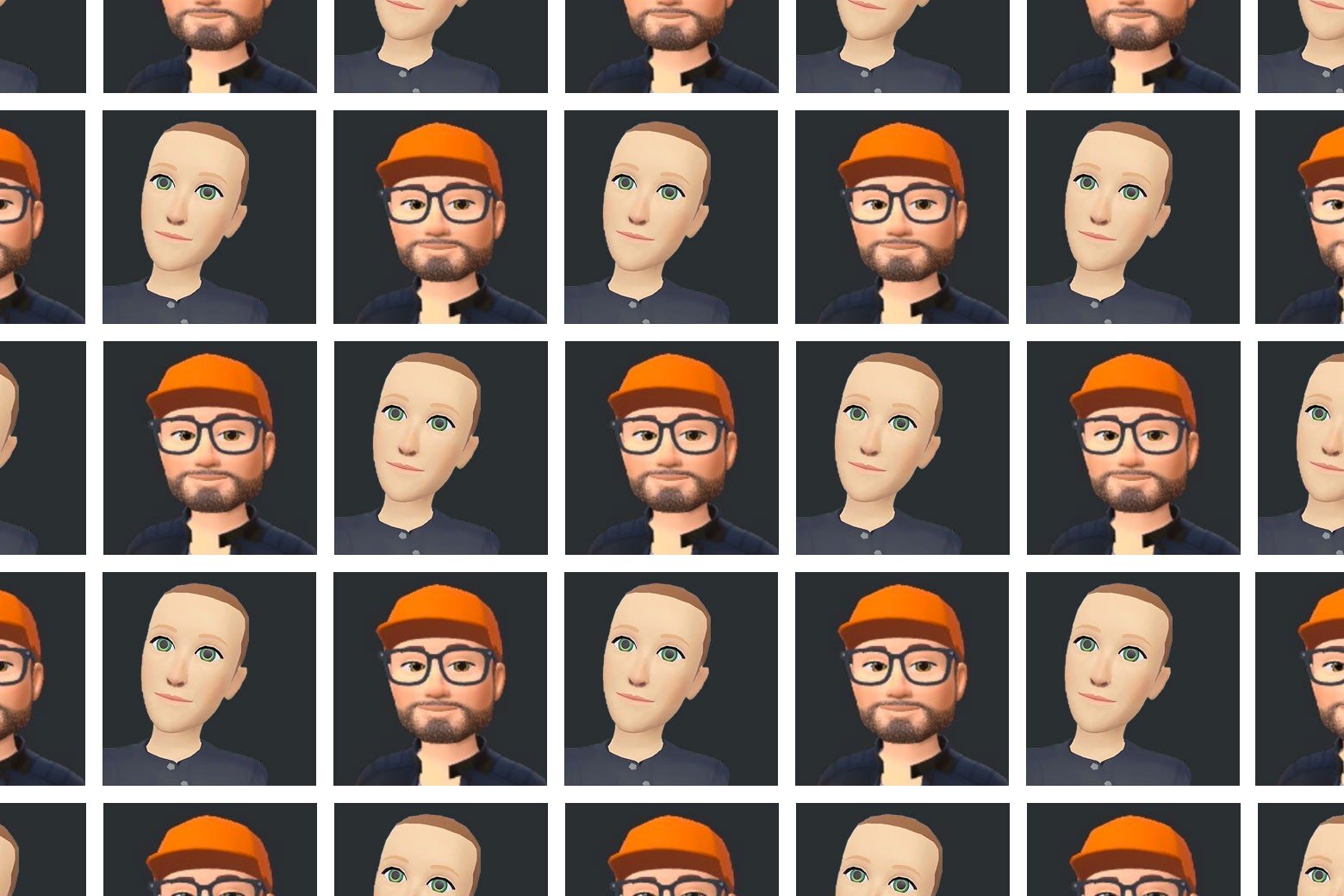 A grid of Josh Gondelman's and Mark Zuckerberg's repeated Horizon World avatar faces