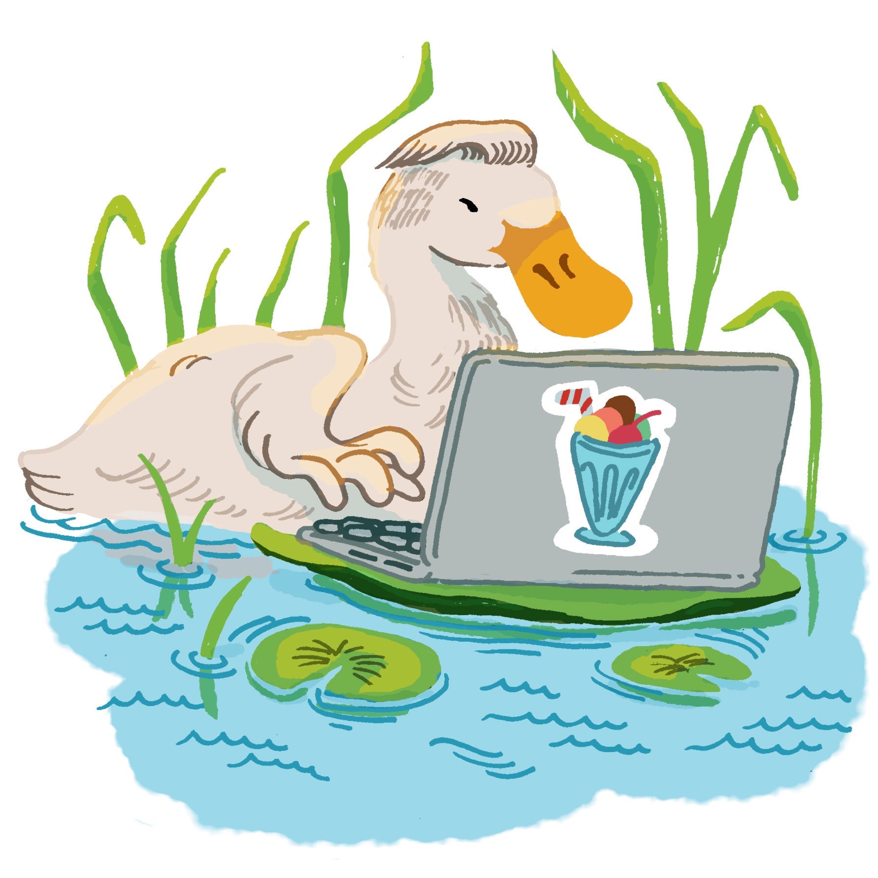 Illustration of a duck working on a laptop in a pond. There's a milkshake sticker on the laptop.