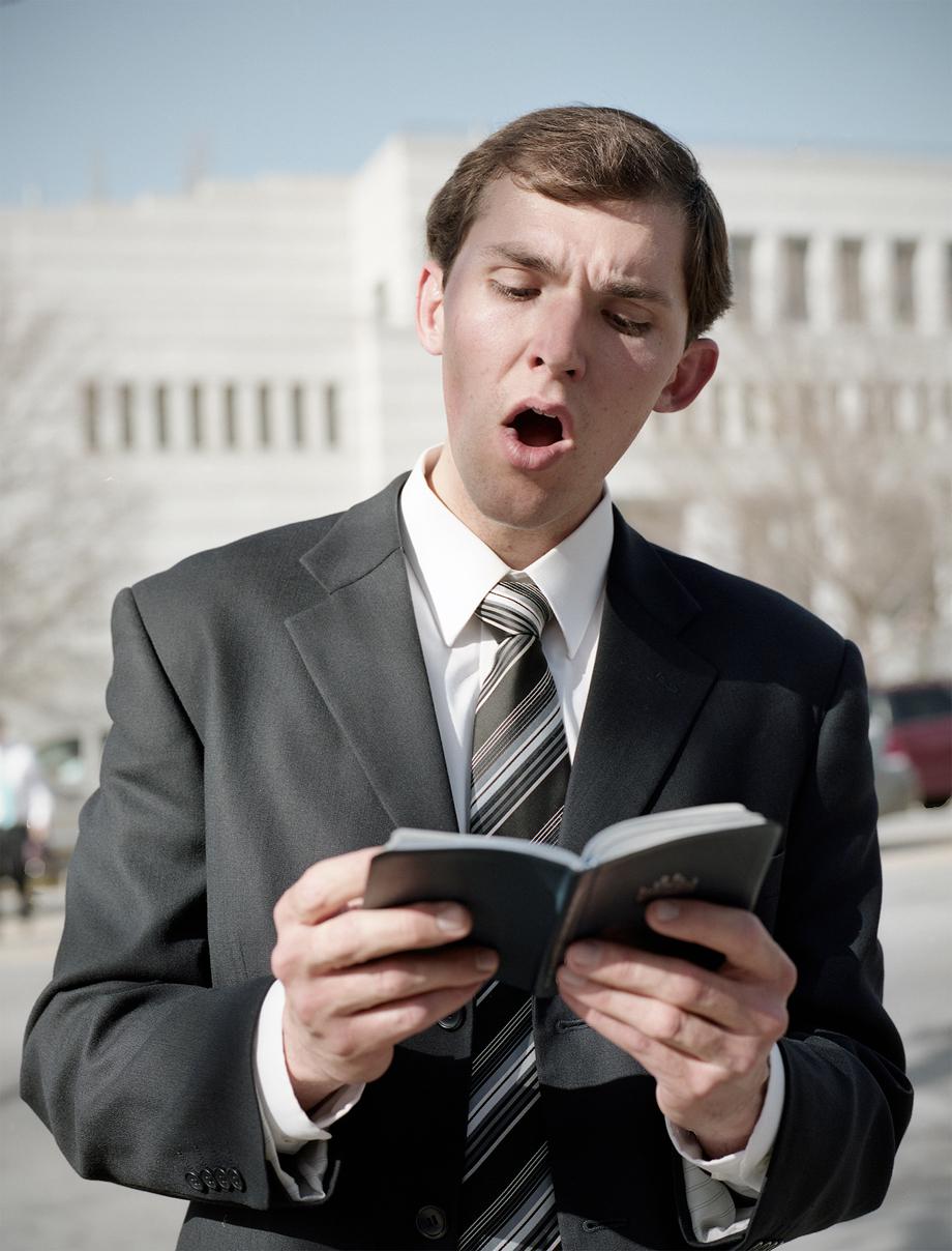 A Mormon man sings hymns on the street in between sessions during LDS general conference in Salt Lake City in April 2012.