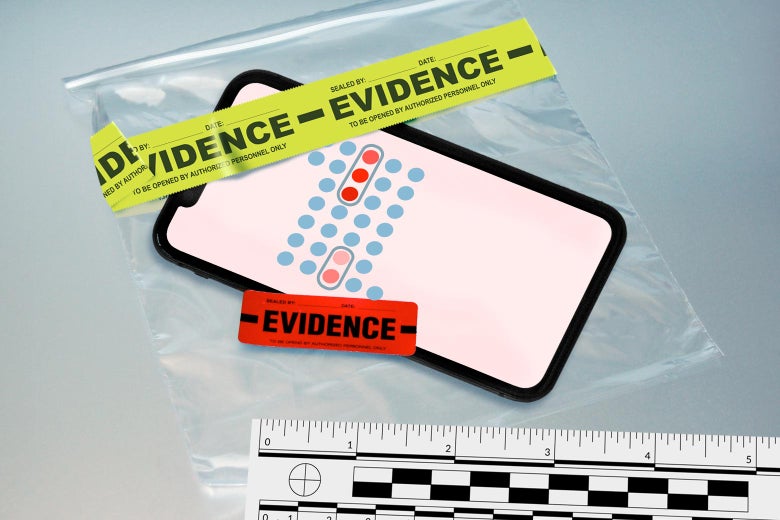 A phone displaying dots and circles is seen in a plastic bag labeled "Evidence." The packet is covered in part by a ruler.